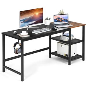costway 59” computer desk, with 2 removable storage shelves, industrial writing workstation with headphone hook, for home office, gaming desk (black)