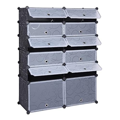 WALNUTA Modular Cube Storage Unit 12-Cube DIY Shoe Rack Organizer Plastic Cabinet with Doors 6 Tier Sloset Cabinet 10Small&2Large Cells