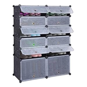 WALNUTA Modular Cube Storage Unit 12-Cube DIY Shoe Rack Organizer Plastic Cabinet with Doors 6 Tier Sloset Cabinet 10Small&2Large Cells