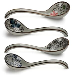 Ceramic Soup Spoons Set of 4 Porcelain Japanese Soup Spoon Long Handle Asian Soup Spoon Sets for Pho Ramen Noodles Wonton Dumpling Rice (Model 2#)