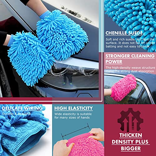 CoralHouse Car Cleaning,Car Wash Mitt Microfiber-4PK, Scratch & Lint Free, Premium Chenille Microfiber Wash Mitt-Blue and Red