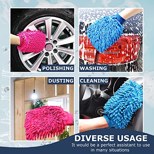 CoralHouse Car Cleaning,Car Wash Mitt Microfiber-4PK, Scratch & Lint Free, Premium Chenille Microfiber Wash Mitt-Blue and Red