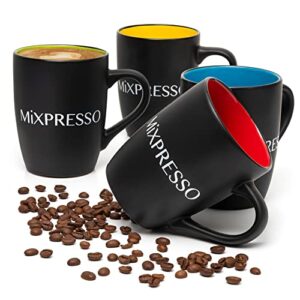 mixpresso 4 piece mug set, 16 oz coffee mugs with large handle for hot or cold drinks, colorful ceramic coffee mug set for coffee, tea, cappuccino, milk, cocoa, cereal, black and colors mugs