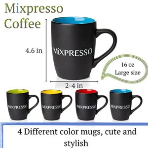 Mixpresso 4 Piece Mug Set, 16 Oz Coffee Mugs with Large Handle For Hot or Cold Drinks, Colorful Ceramic Coffee Mug Set For Coffee, Tea, Cappuccino, Milk, Cocoa, Cereal, Black and Colors Mugs