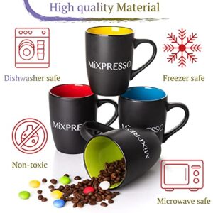 Mixpresso 4 Piece Mug Set, 16 Oz Coffee Mugs with Large Handle For Hot or Cold Drinks, Colorful Ceramic Coffee Mug Set For Coffee, Tea, Cappuccino, Milk, Cocoa, Cereal, Black and Colors Mugs