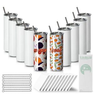 murricon sublimation tumblers 20 oz skinny straight,stainless steel sublimation blanks skinny tumbler,double wall vacuum insulated sublimation tumblers,with lid and straw,10 pack