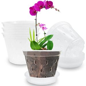 Haawooky Orchid Pots,5.5 inch Plastic Orchid Pots with Holes and Saucers,Slotted Clear Orchid Pots for Indoor and Outdoor Flower Planting,5 Pack