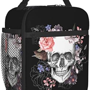 PATNPRT Halloween Black Sugar Skull Insulated Lunch Box Reusable Lunch Bag with Side Pocket for Men Office Work Picnic Travel