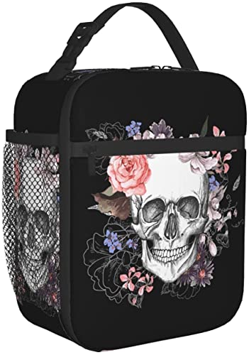 PATNPRT Halloween Black Sugar Skull Insulated Lunch Box Reusable Lunch Bag with Side Pocket for Men Office Work Picnic Travel