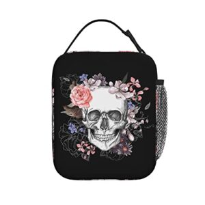 PATNPRT Halloween Black Sugar Skull Insulated Lunch Box Reusable Lunch Bag with Side Pocket for Men Office Work Picnic Travel