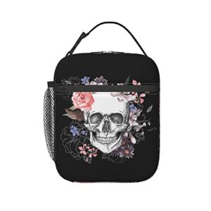 PATNPRT Halloween Black Sugar Skull Insulated Lunch Box Reusable Lunch Bag with Side Pocket for Men Office Work Picnic Travel