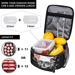 PATNPRT Halloween Black Sugar Skull Insulated Lunch Box Reusable Lunch Bag with Side Pocket for Men Office Work Picnic Travel