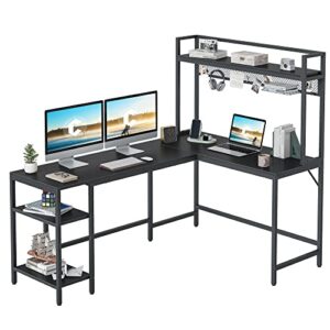 cubicubi l shaped desk with hutch, 58" corner computer desk with drawer,home office gaming table workstation with storage bookshelf