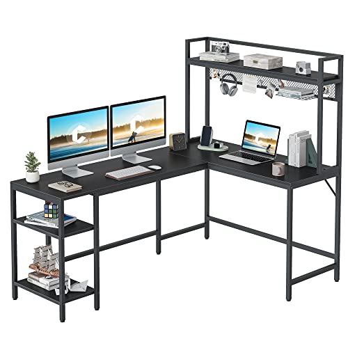 CubiCubi L Shaped Desk with Hutch, 58" Corner Computer Desk with Drawer,Home Office Gaming Table Workstation with Storage Bookshelf