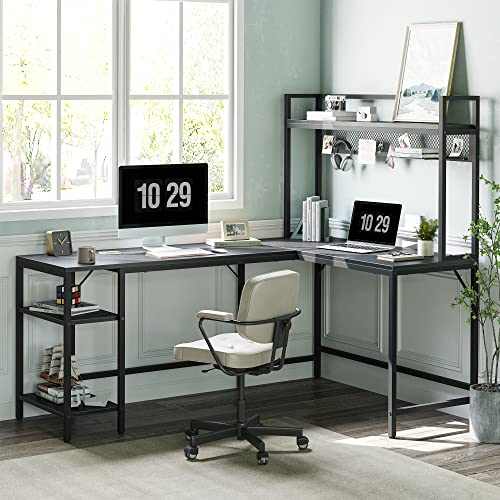 CubiCubi L Shaped Desk with Hutch, 58" Corner Computer Desk with Drawer,Home Office Gaming Table Workstation with Storage Bookshelf