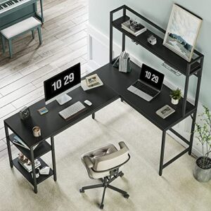 CubiCubi L Shaped Desk with Hutch, 58" Corner Computer Desk with Drawer,Home Office Gaming Table Workstation with Storage Bookshelf