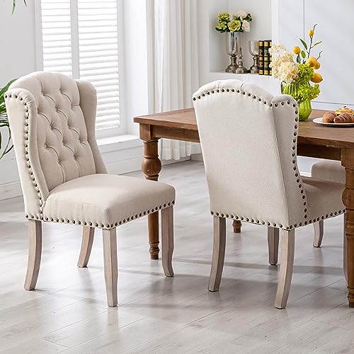 DUOMAY Modern Tufted Dining Chairs Set of 2, Linen Upholstered Dining Room Chairs Armless Guest Side Chair for Kitchen Dining Room, Wingback Accent Chairs with Solid Wood, Beige