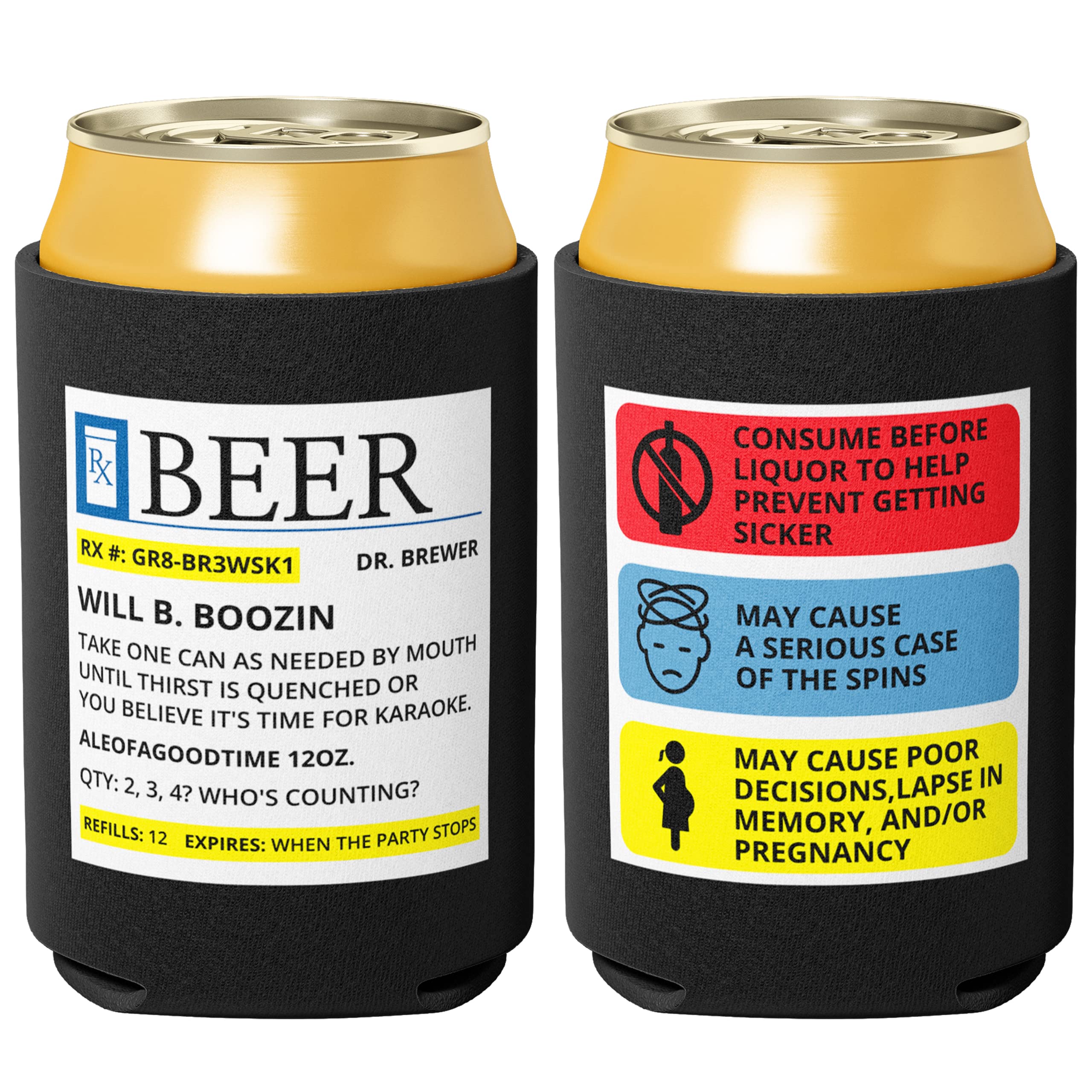 Durable, Funny Fake Beer Prescription Can Cooler 2pk. Long-Lasting, Hilarious Design Neoprene Collapsible Drink Huggers. Great Gag Gifts or Practical Joke Prank Can Sleeve. Waterproof Beer Sleeves