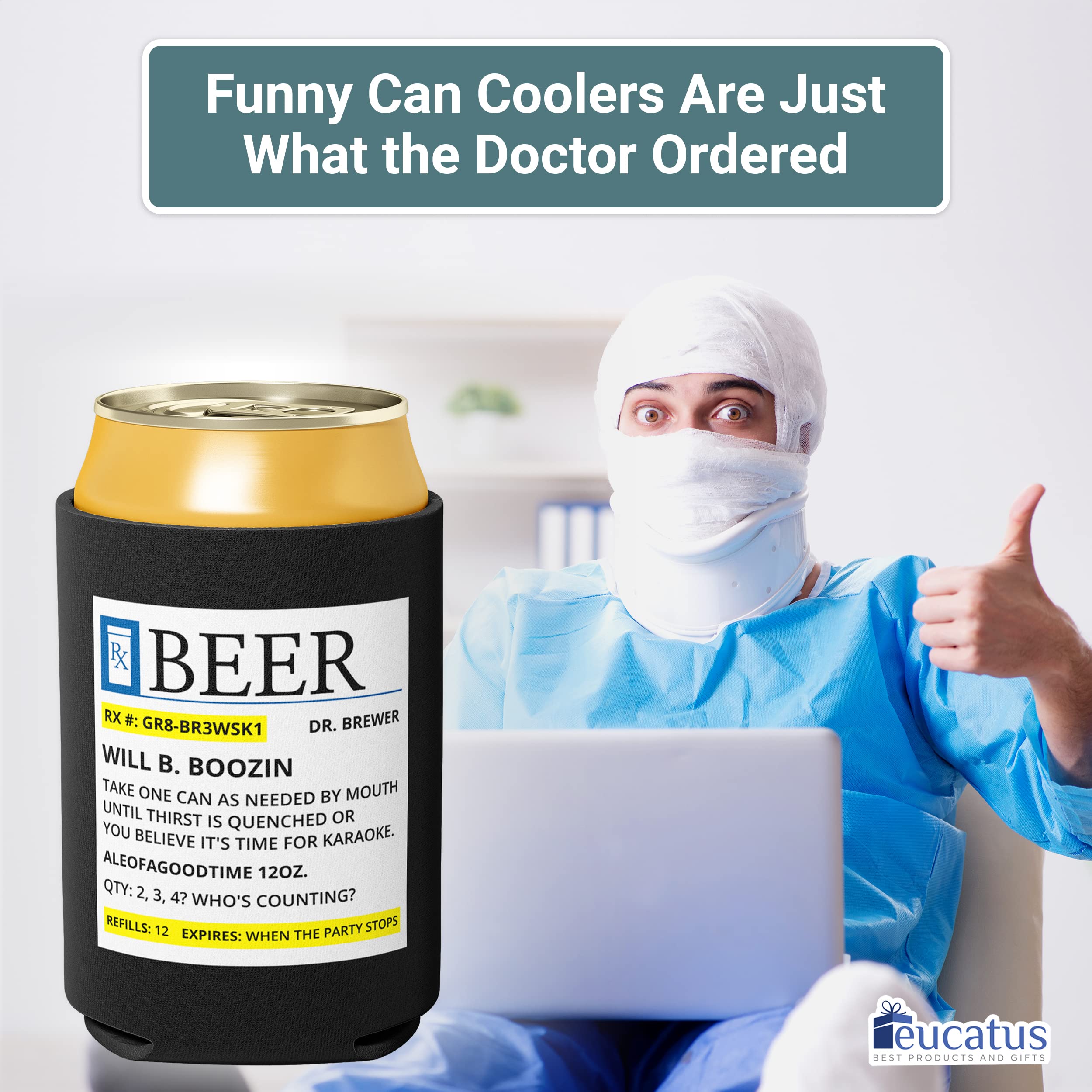 Durable, Funny Fake Beer Prescription Can Cooler 2pk. Long-Lasting, Hilarious Design Neoprene Collapsible Drink Huggers. Great Gag Gifts or Practical Joke Prank Can Sleeve. Waterproof Beer Sleeves