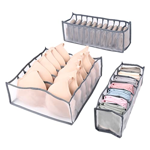 3pcs Underwear Organizers and Storage Baskets for Clothset Drawers, 6,7,11 Grids Wardrobe Clothes Organizer, Portable Clothing Storage Bins Containers for Bra,Underpants,Socks,Jeans,Scarf,Gray (GREY)