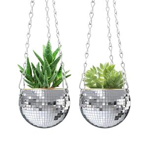 sliver disco mirror ball planter with chain- 4inch plant hanger, hanging flower succulents pots,home boho hanging planter for indoor outdoor plants,2 pcs