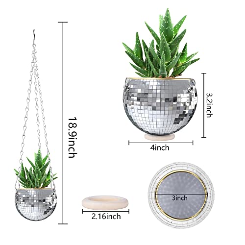 Sliver Disco Mirror Ball Planter with Chain- 4Inch Plant Hanger, Hanging Flower Succulents Pots,Home Boho Hanging Planter for Indoor Outdoor Plants,2 Pcs