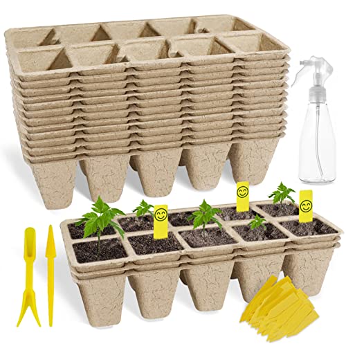 SYITCUN 100 Cells Seedling Starter Trays,10 Pack Starter Trays for Planting Seeds,Biodegradable Seed Starter Peat Pots,Bonus 100 Plant Labels,2 Transplanting Tools,1 Spray Bottle