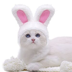 cat hat costumes cute bunny rabbit caps with ears for cats small dogs easter pet accessory headwear for puppy kitten birthday halloween christmas party funny doggy cosplay outfit (white-pink)
