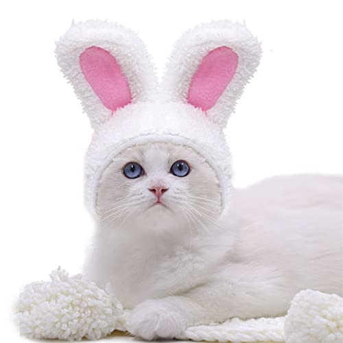 Cat Hat Costumes Cute Bunny Rabbit Caps with Ears for Cats Small Dogs Easter Pet Accessory Headwear for Puppy Kitten Birthday Halloween Christmas Party Funny Doggy Cosplay Outfit (White-Pink)