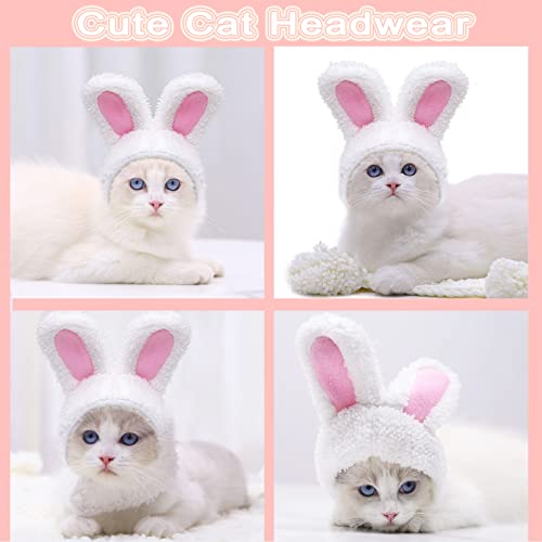 Cat Hat Costumes Cute Bunny Rabbit Caps with Ears for Cats Small Dogs Easter Pet Accessory Headwear for Puppy Kitten Birthday Halloween Christmas Party Funny Doggy Cosplay Outfit (White-Pink)