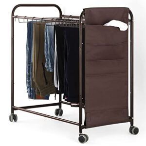 pants hangers rolling trolley trousers rack with 20 storage hangers movable rolling pants closet organizer shelf with side bag for jeans, scarf, trouser, dark brown