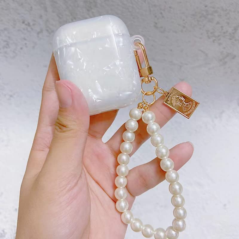 SAMTANY Airpods Case Cover with Pearl Keychain Airpods Accessories Skin Cover for Women Girl Earbuds Case Protective Cover for Apple Airpods Charging Case 2&1 (White)