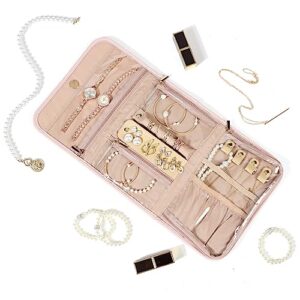 NISHEL Travel Jewelry Organizer Roll, Transparent Foldable Case for Necklaces, Earrings, Rings, Bracelets, Watch, Pink