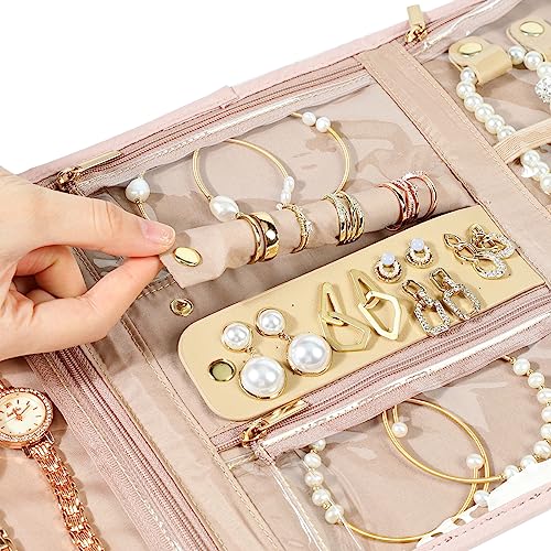 NISHEL Travel Jewelry Organizer Roll, Transparent Foldable Case for Necklaces, Earrings, Rings, Bracelets, Watch, Pink