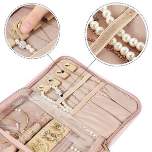 NISHEL Travel Jewelry Organizer Roll, Transparent Foldable Case for Necklaces, Earrings, Rings, Bracelets, Watch, Pink