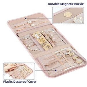 NISHEL Travel Jewelry Organizer Roll, Transparent Foldable Case for Necklaces, Earrings, Rings, Bracelets, Watch, Pink