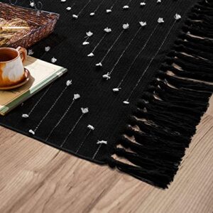 MitoVilla Boho Kitchen Runner Rug 2'x4.3', Black and White Hallway Rugs, Farmhouse Simple Geometric Bath Mat with Tassel, Washable Cotton Woven Living Room Rug