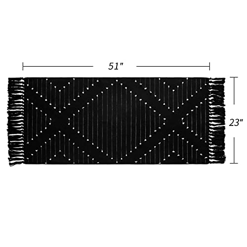 MitoVilla Boho Kitchen Runner Rug 2'x4.3', Black and White Hallway Rugs, Farmhouse Simple Geometric Bath Mat with Tassel, Washable Cotton Woven Living Room Rug