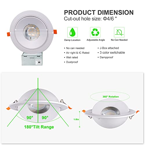 bulbeats 4 Pack 6 Inch LED Recessed Lights CRI90 3000K/4000K/5000K Selectable LED Can Lights, Dimmable White Can-Killer Downlight, 12W 1200LM (110W Eqv.) Canless LED Recessed Light with Acrylic Lens