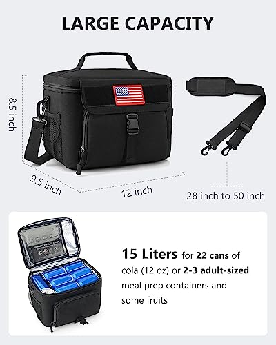 Insulated Lunch Bag for Men, Tactical Men Lunch Box Leakproof Meal Prep Lunch Cooler Bag with Shoulder Strap, Water Resistant MOLLE Reusable Adult Large Lunch Bags for Work Office Travel, Black