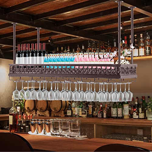 VEVOR Ceiling Wine Glass Rack, 35.8 x 13 inch Hanging Wine Glass Rack, 18.9-35.8 inch Height Adjustable Hanging Wine Rack Cabinet, Coppery Wall-Mounted Wine Glass Rack Perfect for Bar Cafe Kitchen