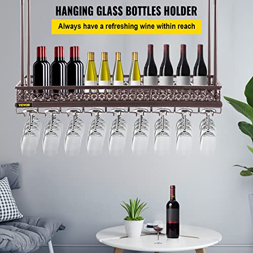 VEVOR Ceiling Wine Glass Rack, 35.8 x 13 inch Hanging Wine Glass Rack, 18.9-35.8 inch Height Adjustable Hanging Wine Rack Cabinet, Coppery Wall-Mounted Wine Glass Rack Perfect for Bar Cafe Kitchen