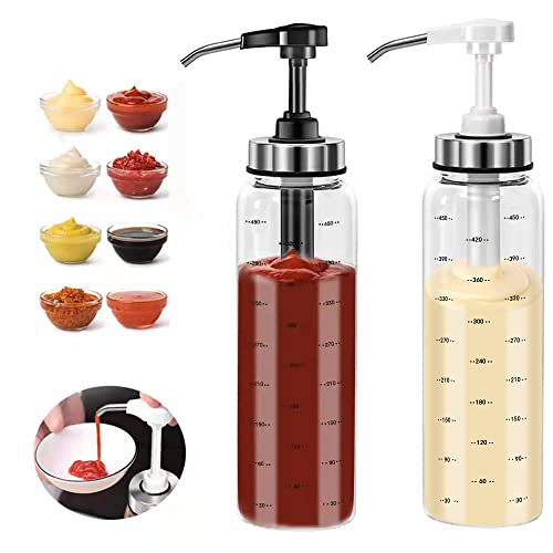 EHUNYELF Condiment Press Bottles, Coffee Syrup Pump Dispenser- No Drip, Glass Pump Dispenser 17 OZ, Dispenser Great for Ketchup, Salad, BBQ Sauce,Honey, Oyster Sauce, Oil.(2 Pack)