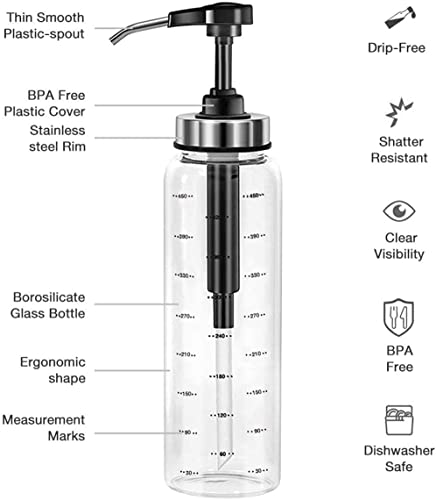 EHUNYELF Condiment Press Bottles, Coffee Syrup Pump Dispenser- No Drip, Glass Pump Dispenser 17 OZ, Dispenser Great for Ketchup, Salad, BBQ Sauce,Honey, Oyster Sauce, Oil.(2 Pack)