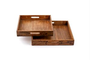 figtree - set of 2 | 12”-14” wooden serving trays for platter drinks, appetizers, fruits, & decor, coffee table tray for dining (square)