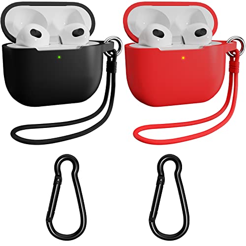 meiyasy AirPods 3 Case with Keychain, 2 Packs Full Protective Skin Cover and Silicone Hand Strap Accessories for Women Men Girl with Apple 2021 Latest AirPods 3rd Generation (Black and Red)