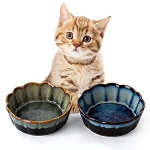 siducal ceramic cat bowls, 5 inch cat bowls for food and water, non-slip cute pet feeding bowls for cats and small dogs, nice glazed, oven microwave dishwasher safe(blue/green-2 packs)