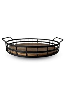 farmhouse round wooden tray with black metal frame & acacia wood base with handles. this round tray is an ideal decorative tray, coffee table, drinks or serving tray by cube home