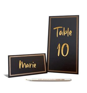 sr design pack of 100 place cards black with gold border, 20 table numbers cards, 1 pen in metallic gold, card table, table numbers, wedding place cards, tent cards
