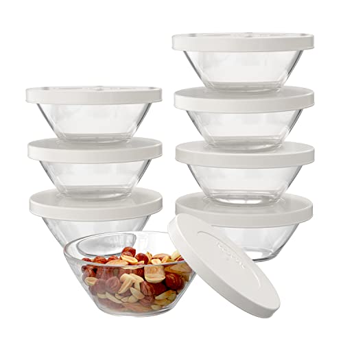 KooK Small Glass Prep Bowls with Lids Set, Clear Mini Food Storage Containers, Perfect for Dips, Microwave & Dishwasher Safe, 7.25 oz, Set of 8